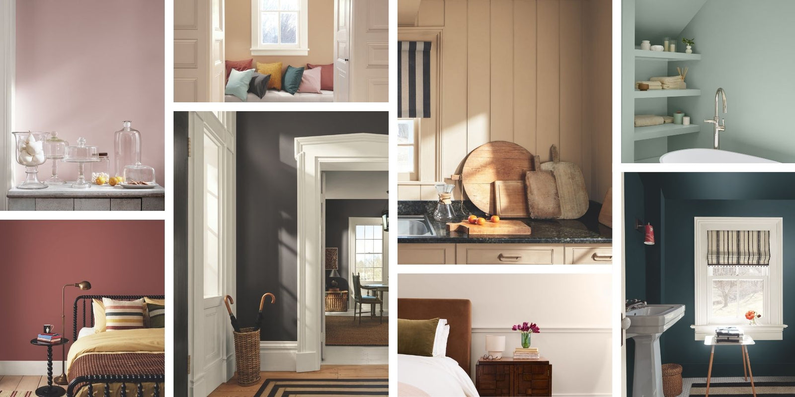 Collage of interior design elements and rooms showcasing colors from the Benjamin Moore 2026 Color Trends Palette.